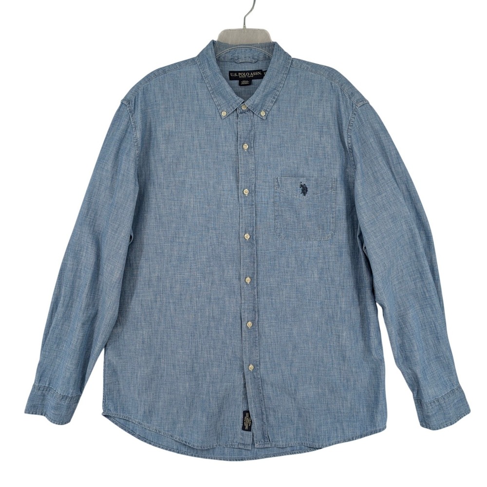 US Polo Assn Mens XL Blue Long Sleeve Button Down Shirt Chambray Style Cotton